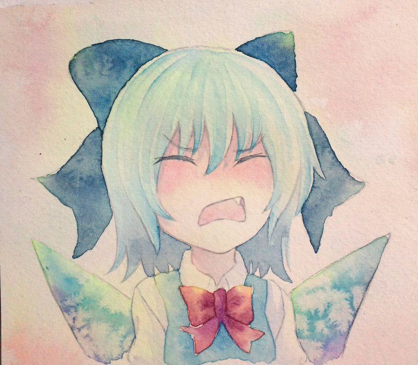 blue_hair bow cirno closed_eyes fang hair_bow open_mouth solo touhou traditional_media watercolor_(medium) wings yuyu_(00365676)