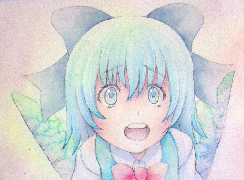 blue_eyes blue_hair bow cirno hair_bow open_mouth solo teeth touhou traditional_media watercolor_(medium) wings yuyu_(00365676)