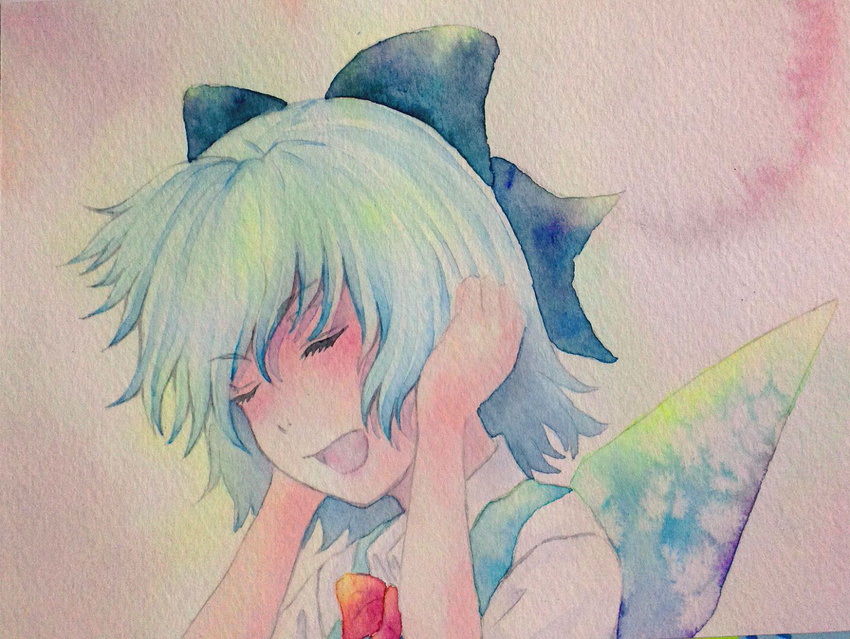 blue_hair bow bowtie cirno closed_eyes covering_ears eyelashes hair_bow hand_on_ear open_mouth short_hair solo touhou traditional_media watercolor_(medium) wings yuyu_(00365676)