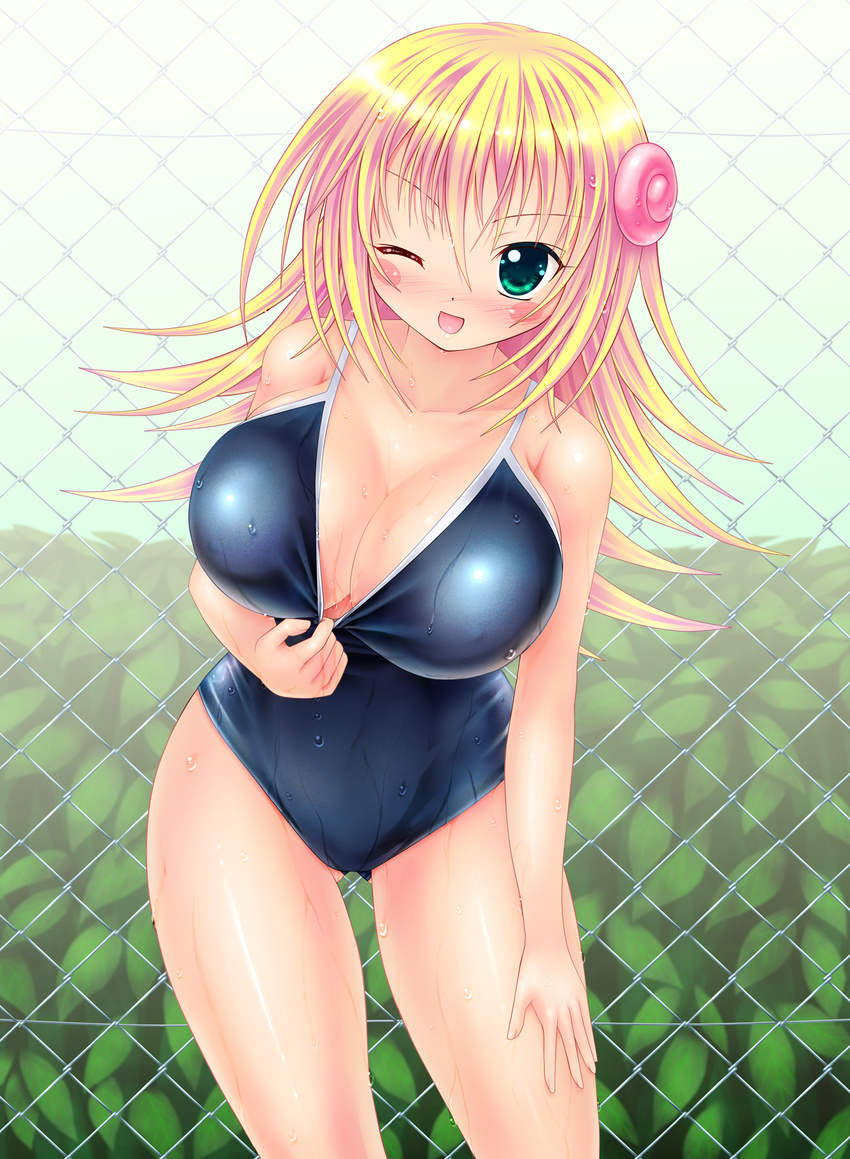 :d aqua_eyes bare_shoulders blonde_hair blush_stickers breasts chain-link_fence collarbone dark_magician_girl duel_monster fence highres huge_breasts kogarashi_(wind_of_winter) long_hair one-piece_swimsuit one_eye_closed open_mouth smile solo swimsuit thighs wet yuu-gi-ou