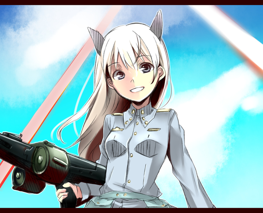 animal_ears bad_id bad_pixiv_id black_eyes breasts eila_ilmatar_juutilainen gun letterboxed long_hair machine_gun mg42 military military_uniform richard_(ri39p) silver_hair sketch small_breasts smile solo strike_witches uniform weapon world_witches_series