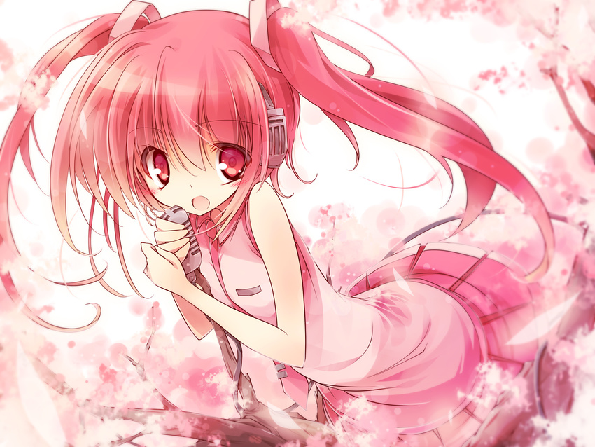 bad_id bad_pixiv_id cherry_blossoms hatsune_miku highres itsutsuki long_hair microphone necktie open_mouth red_eyes red_hair sakura_miku skirt solo twintails vocaloid
