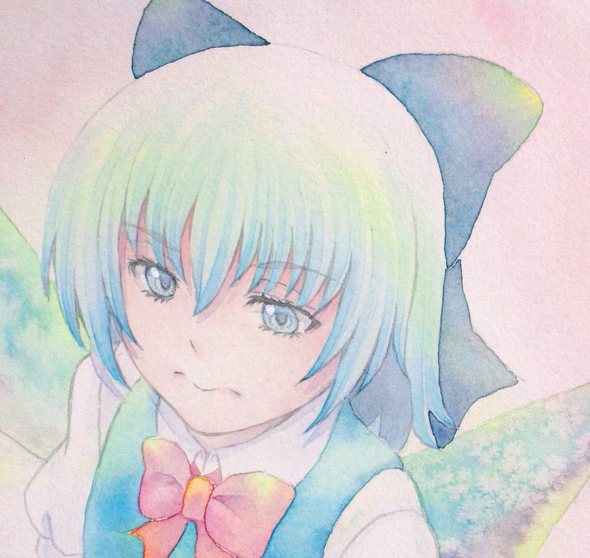 blue_eyes blue_hair bow cirno hair_bow pout solo touhou traditional_media watercolor_(medium) wings yuyu_(00365676)