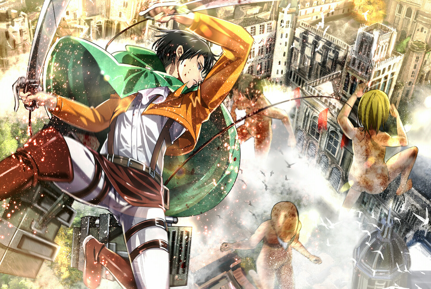 action battle bird black_hair cape day dress_shirt dual_wielding green_cape highres holding holding_sword holding_weapon jacket levi_(shingeki_no_kyojin) military military_uniform open_clothes open_jacket orange_jacket outdoors pants paradis_military_uniform shingeki_no_kyojin shirt sword three-dimensional_maneuver_gear titan_(shingeki_no_kyojin) uniform weapon white_pants white_shirt yuna_(rutera)