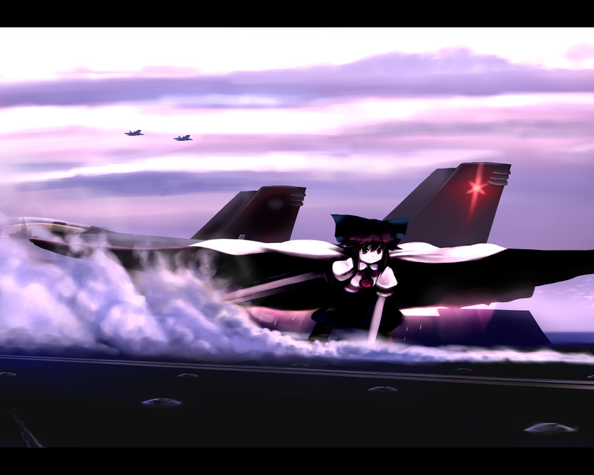 ace_combat aircraft airplane bow commentary crossover f-18_hornet fighter_jet flight_deck jet letterboxed long_hair military military_vehicle reiuji_utsuho smoke solo touhou tsubasa_(abchipika) wings
