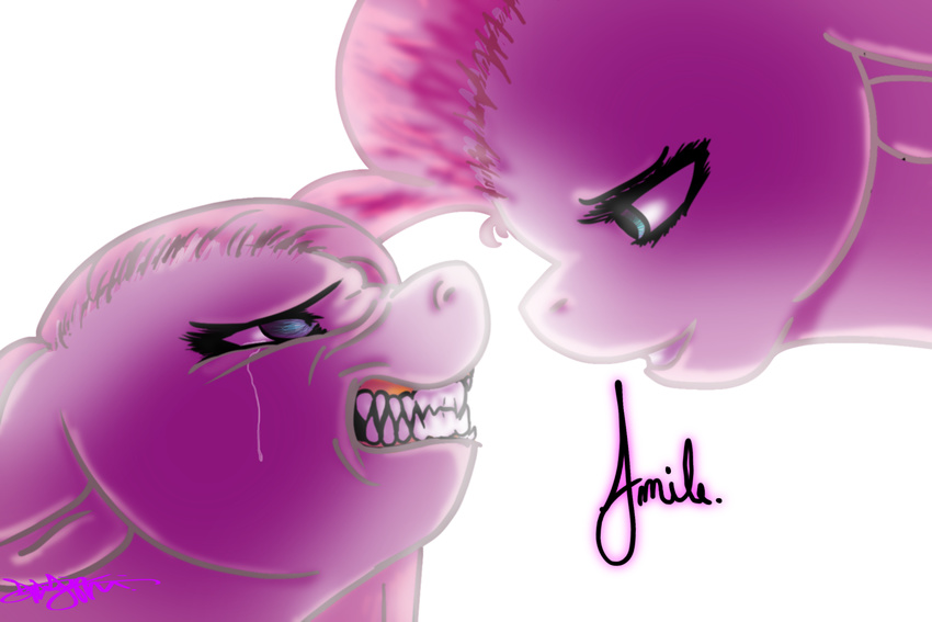 blue_eyes crying duo english_text equine eyes female friendship_is_magic fur hair horse lerainbowturtle mammal my_little_pony pink_fur pink_hair pinkamena_(mlp) pinkie_pie_(mlp) plain_background pony sad signature square_crossover tears teeth text white_background