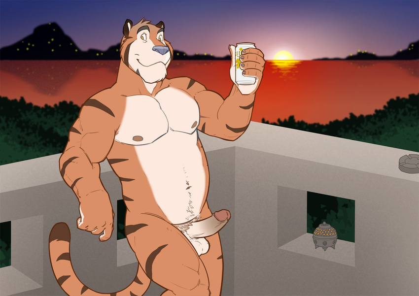 balcony balls biceps big_muscles black_fur blue_nose drink erection feline fur kellogg's looking_at_viewer male mammal mascot muscles nipples nude orange_fur pecs penis retracted_foreskin sea sky solo sunset superslickslasher tiger tony_the_tiger uncut water