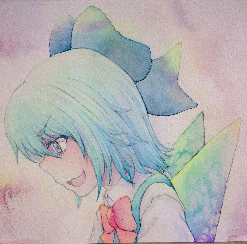 :3 blue_eyes blue_hair bow cirno hair_bow highres open_mouth smirk solo touhou traditional_media watercolor_(medium) wings yuyu_(00365676)