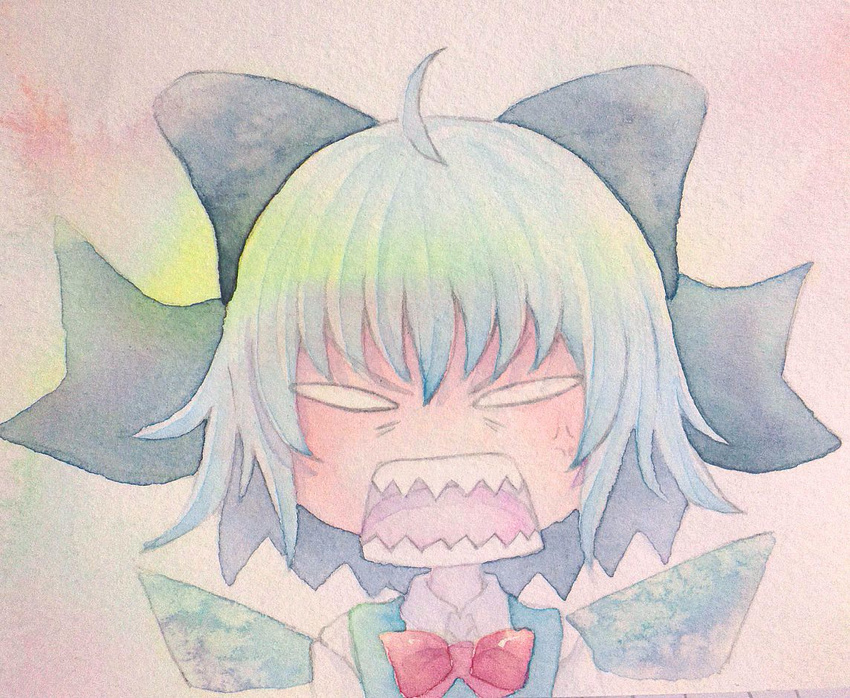 angry blank_eyes blue_hair bow cirno hair_bow open_mouth solo teeth touhou traditional_media watercolor_(medium) wings yuyu_(00365676)