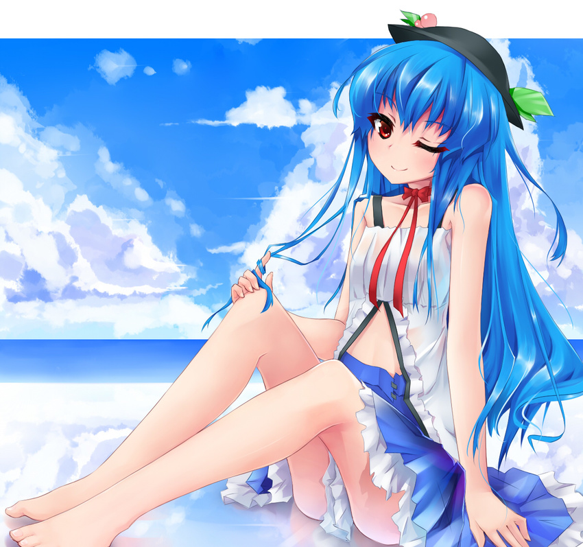 adapted_costume bare_shoulders barefoot blue_hair choker cloud day food fruit hat hinanawi_tenshi legs long_hair looking_at_viewer one_eye_closed peach red_eyes shuizao_(little_child) sitting skirt sky smile solo thighs touhou