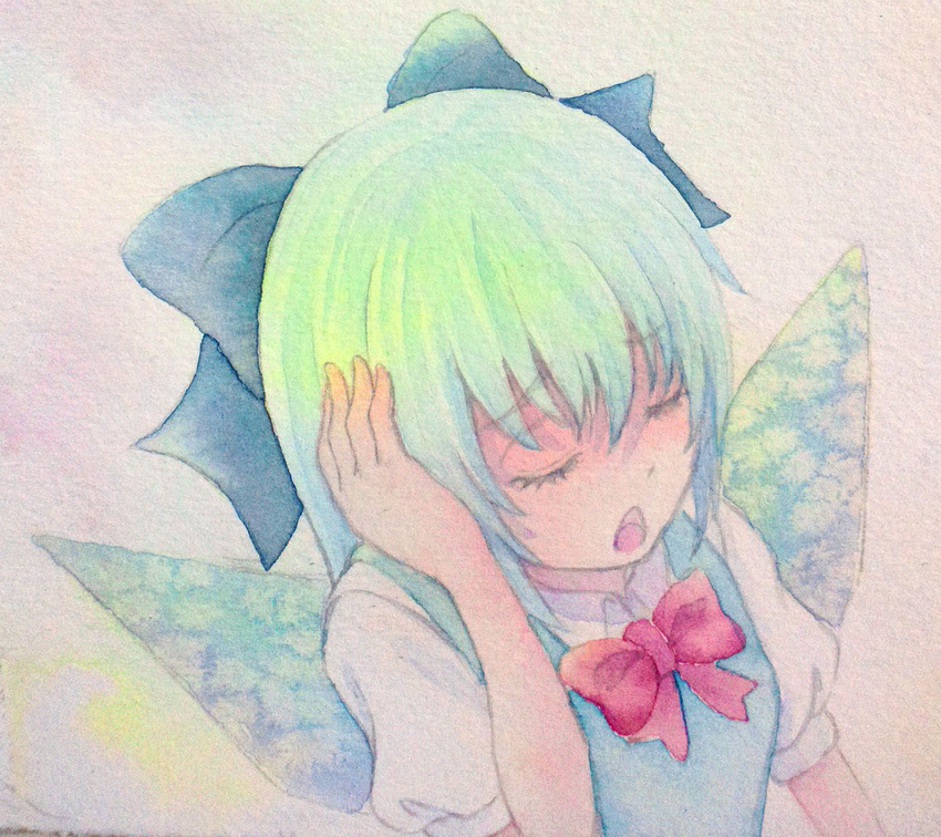 blue_hair bow cirno closed_eyes hair_bow hand_on_ear highres open_mouth solo touhou traditional_media watercolor_(medium) wings yuyu_(00365676)