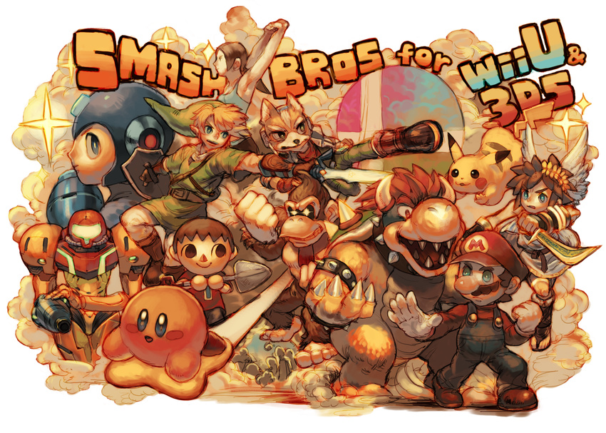 6+boys arm_cannon armor bad_id bad_pixiv_id black_hair blonde_hair blue_eyes bowser brown_hair donkey_kong doubutsu_no_mori facial_hair fox_mccloud gen_1_pokemon gloves hat helmet highres holding holding_sword holding_weapon kid_icarus kirby kirby_(series) left-handed link long_hair madogiwa_totto mario mario_(series) metroid multiple_boys multiple_girls mustache pikachu pokemon pokemon_(creature) ponytail rockman rockman_(character) rockman_(classic) samus_aran shield shovel smile star_fox super_mario_bros. super_smash_bros. sword the_legend_of_zelda the_legend_of_zelda:_twilight_princess villager_(doubutsu_no_mori) weapon wii_fit wii_fit_trainer wings