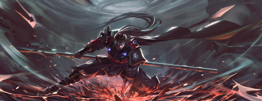 armor black_hair blue_eyes cabalfan cape league_of_legends long_hair male_focus polearm ponytail solo spear weapon xin_zhao