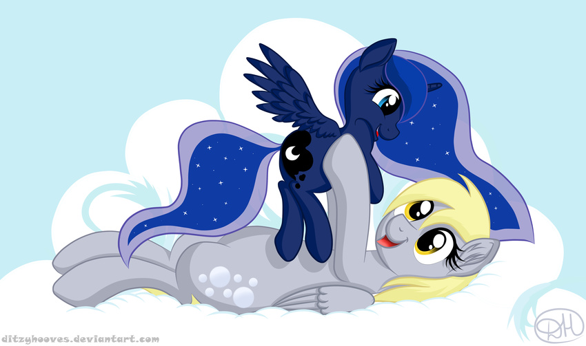 amber_eyes blonde_hair blue_eyes blue_hair cloud cute cutie_mark derpy_hooves_(mlp) ditzyhooves equine female feral friendship_is_magic fur grey_fur hair hi_res horn lying mammal my_little_pony on_back open_mouth outside pegasus princess princess_luna_(mlp) royalty size_difference sky smile tongue winged_unicorn wings
