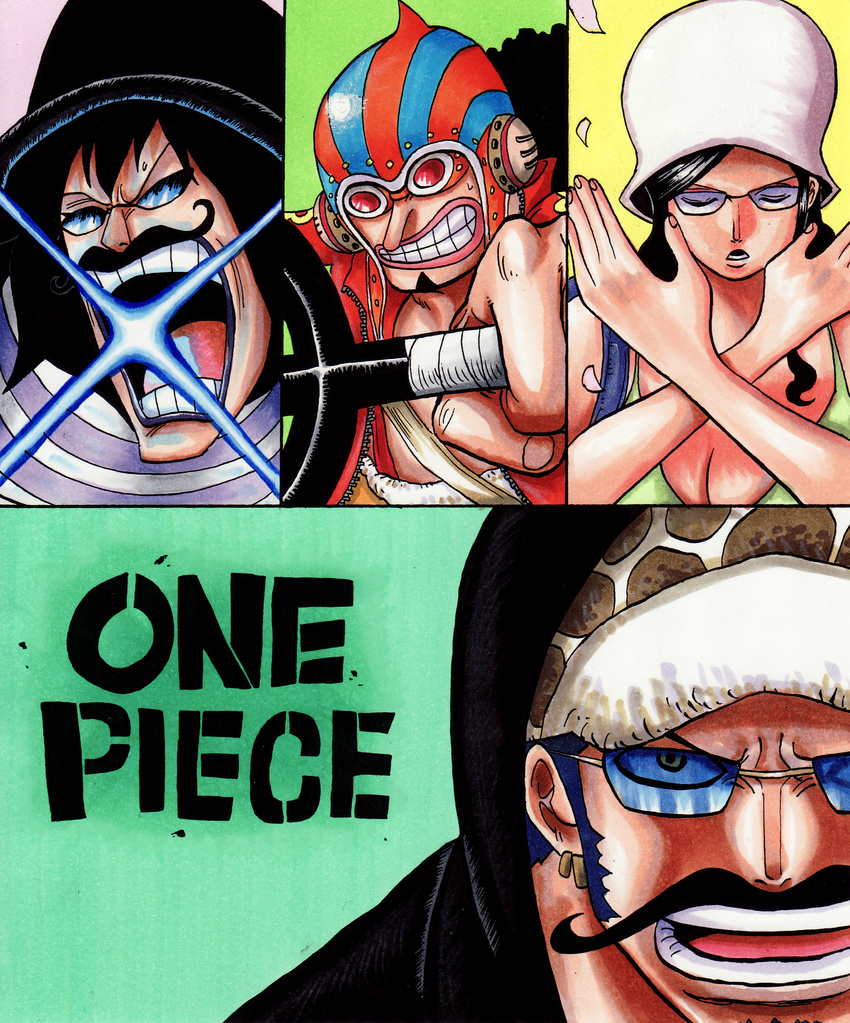 1girl 3boys black_hair blue_hair caesar_clown copyright_name disguise dressrosa earrings facial_hair fake_mustache fighting_stance hat headphones helmet highres hood jewelry marker_(medium) multiple_boys mustache nico_robin one_piece slingshot sunglasses takatin title_drop traditional_media trafalgar_law usopp weapon