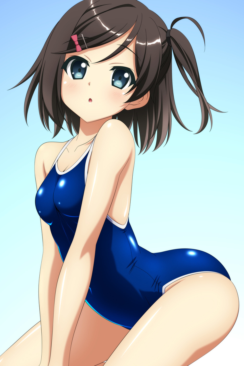 :o absurdres ahoge arched_back bangs bare_shoulders black_hair blue_eyes blush breasts competition_school_swimsuit covered_navel cowboy_shot from_side gradient gradient_background hair_ornament hairclip hentai_ouji_to_warawanai_neko. highres kneeling looking_at_viewer looking_back one-piece_swimsuit one_side_up open_mouth parted_bangs school_swimsuit scrunchie shiny shiny_clothes short_hair small_breasts solo sugimura_tomokazu swept_bangs swimsuit tsutsukakushi_tsukiko v_arms