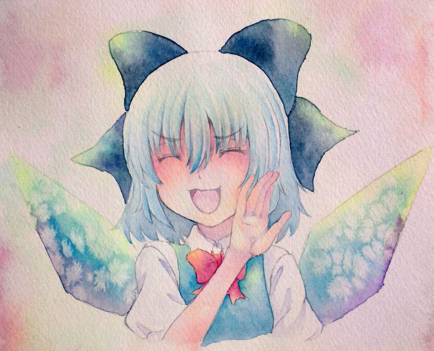 blue_hair bow bowtie cirno closed_eyes hair_bow laughing ojou-sama_pose open_mouth short_hair smile solo touhou traditional_media watercolor_(medium) wings yuyu_(00365676)