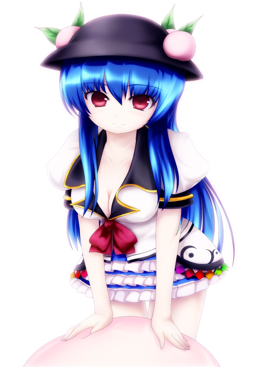 blue_hair breasts cleavage food fruit hat highres hinanawi_tenshi long_hair medium_breasts peach red_eyes simple_background skirt solo touhou tsubasa_(abchipika) white_background
