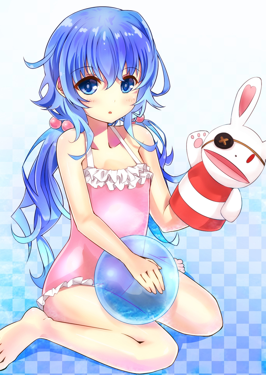 ameyoshi blue_eyes blue_hair bunny casual_one-piece_swimsuit date_a_live hand_puppet highres one-piece_swimsuit puppet sitting stuffed_animal stuffed_bunny stuffed_toy swimsuit wariza yoshino_(date_a_live) yoshinon