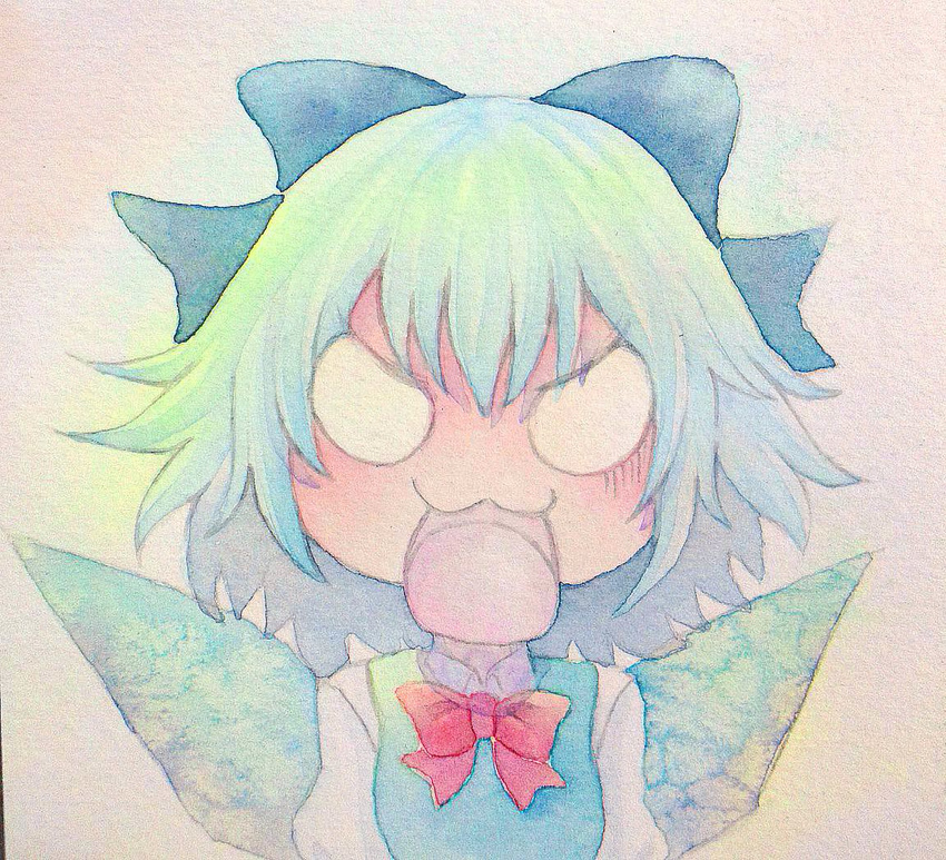 :3 angry blank_eyes blue_hair bow cirno hair_bow open_mouth solo touhou traditional_media v-shaped_eyebrows watercolor_(medium) wings yuyu_(00365676)