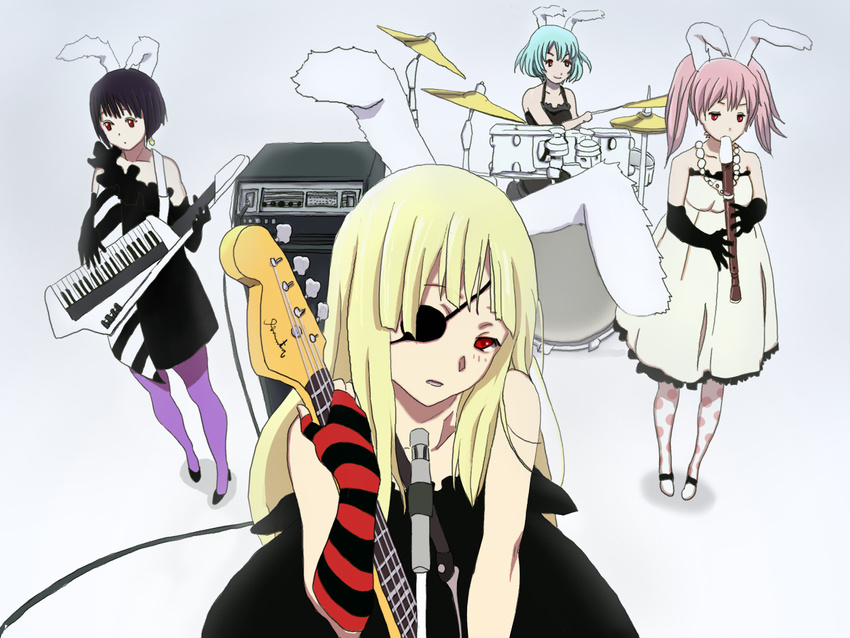 bangs black_hair blonde_hair blue_hair blunt_bangs chiester00 chiester410 chiester45 chiester556 chiester_sisters don't_say_"lazy" eyepatch guitar instrument k-on! multiple_girls pantyhose parody pink_hair takizaking umineko_no_naku_koro_ni