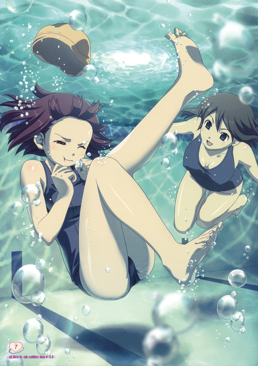 absurdres barefoot bubble feet highres koutaro legs multiple_girls one-piece_swimsuit one_eye_closed original school_swimsuit swimsuit underwater