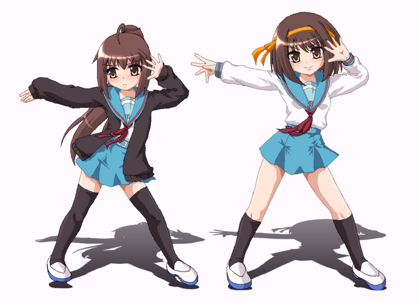 brown_eyes brown_hair cardigan dancing genderswap genderswap_(mtf) hairband hayashiya_zankurou kita_high_school_uniform kyonko long_hair multiple_girls oekaki ponytail school_uniform serafuku short_hair suzumiya_haruhi suzumiya_haruhi_no_yuuutsu thighhighs