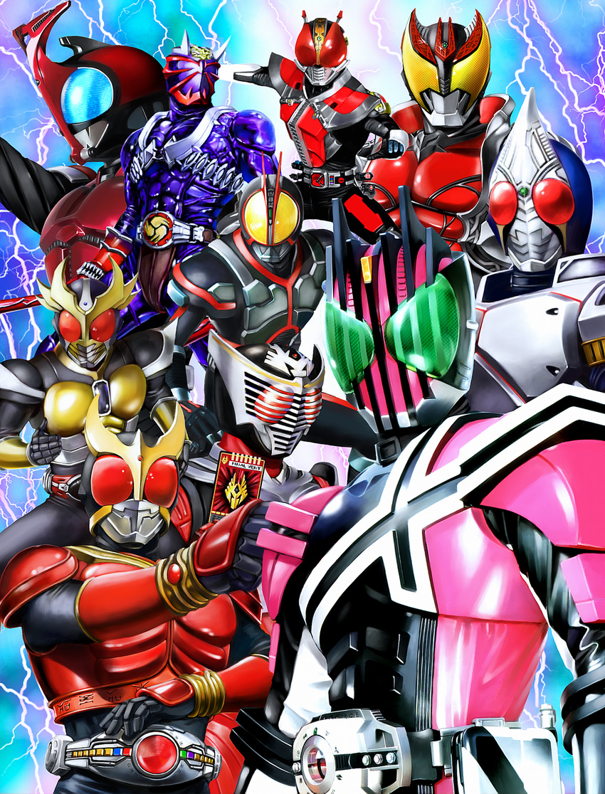 belt everyone highres kamen_rider kamen_rider_agito kamen_rider_blade kamen_rider_decade kamen_rider_den-o kamen_rider_faiz kamen_rider_hibiki kamen_rider_kabuto kamen_rider_kuuga kamen_rider_ryuki multiple_boys pose yusao