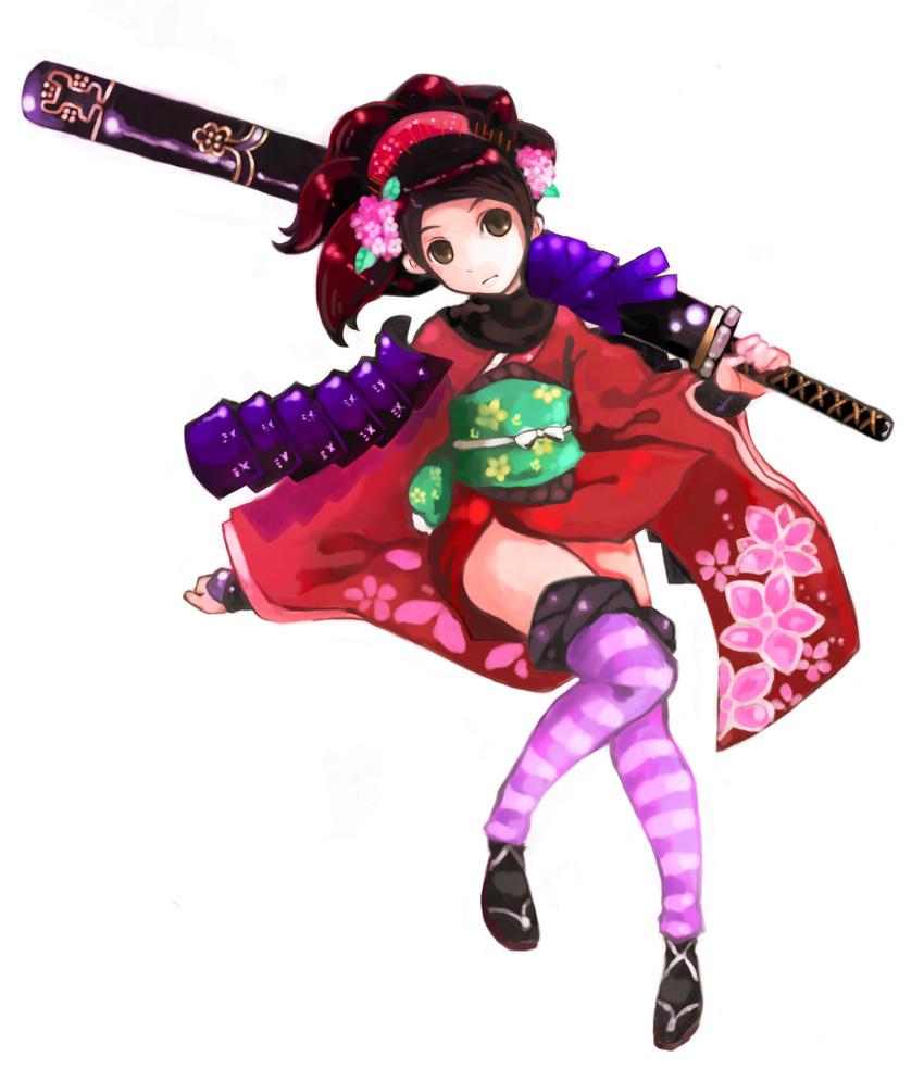 armor artist_request brown_eyes brown_hair comb floral_print flower gauntlets hair_flower hair_ornament highres japanese_clothes katana kimono momohime oboro_muramasa ponytail sandals sheath sheathed short_kimono solo striped striped_legwear sword thighhighs thighs weapon