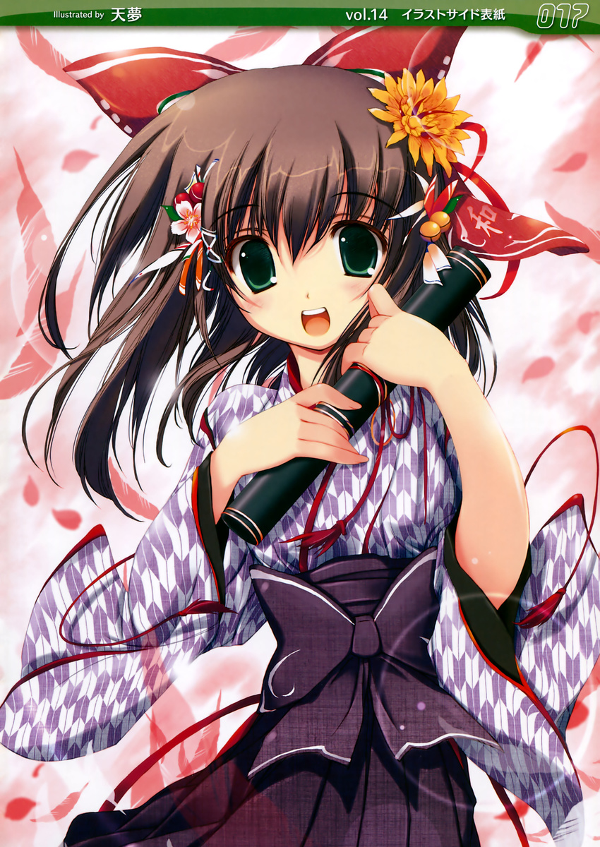 absurdres blush bow brown_hair copyright_request flower graduation green_eyes hair_bow hair_flower hair_ornament highres japanese_clothes kimono looking_at_viewer meiji_schoolgirl_uniform open_mouth scan short_hair smile solo tareme tenmu_shinryuusai yagasuri