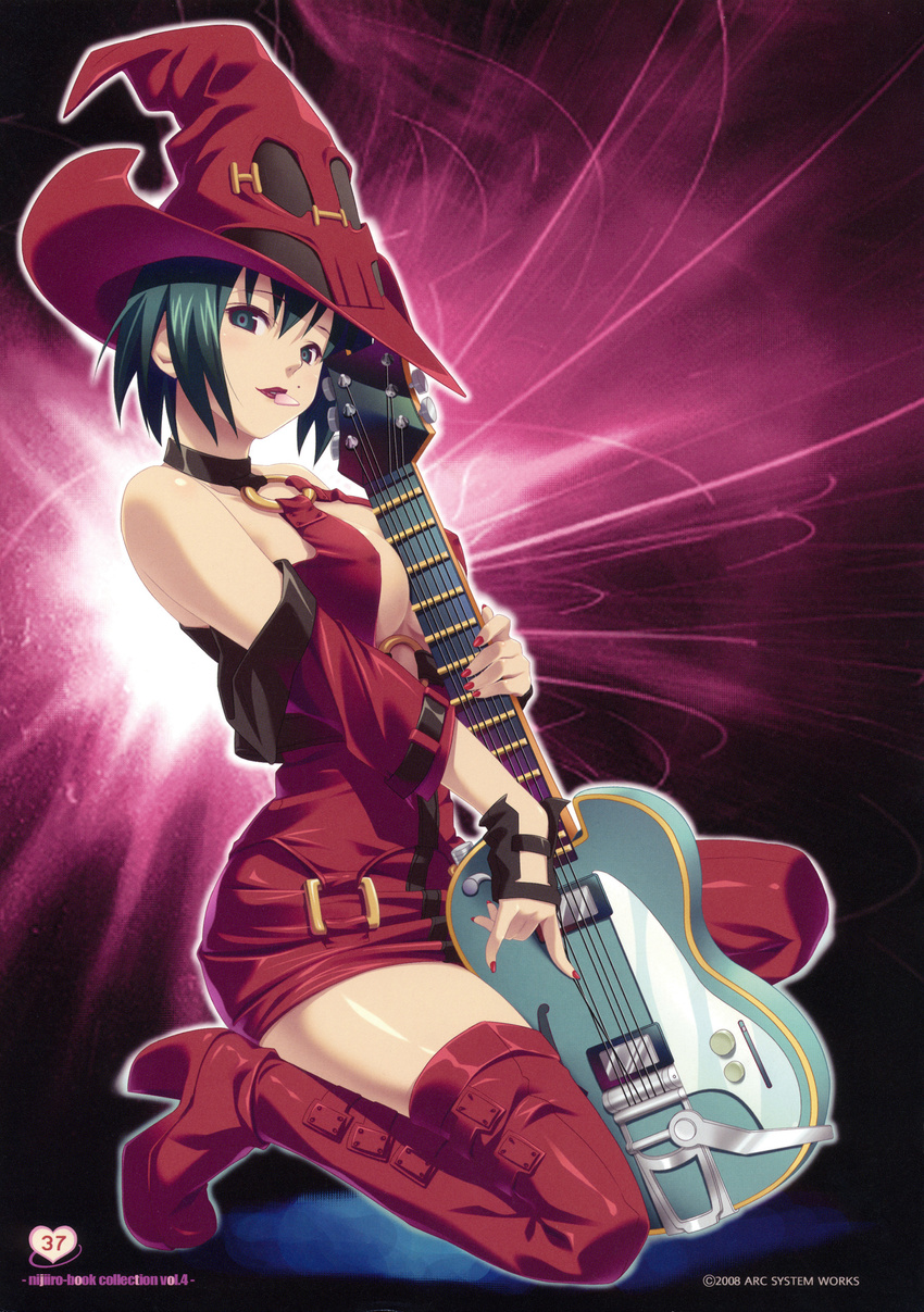 absurdres bare_shoulders black_eyes black_hair boots guilty_gear guitar hat highres i-no instrument koutaro mole mole_above_mouth mouth_hold plectrum red_hat short_hair solo thigh_boots thighhighs witch_hat zettai_ryouiki