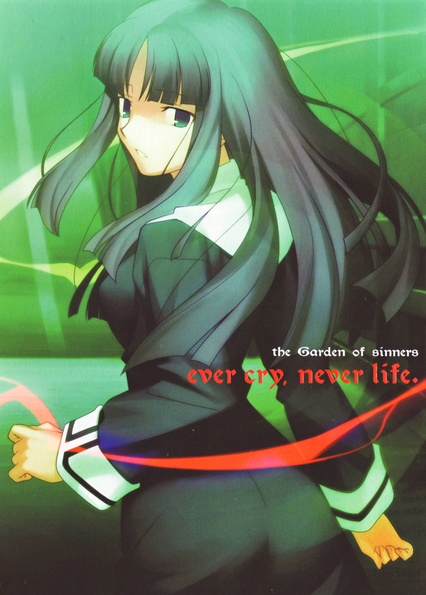 absurdres asagami_fujino ass bangs black_dress blunt_bangs breasts cowboy_shot dress eyebrows_visible_through_hair from_behind green_background green_eyes green_hair highres kara_no_kyoukai long_hair long_sleeves looking_at_viewer looking_back medium_breasts parted_lips scan school_uniform solo straight_hair takeuchi_takashi