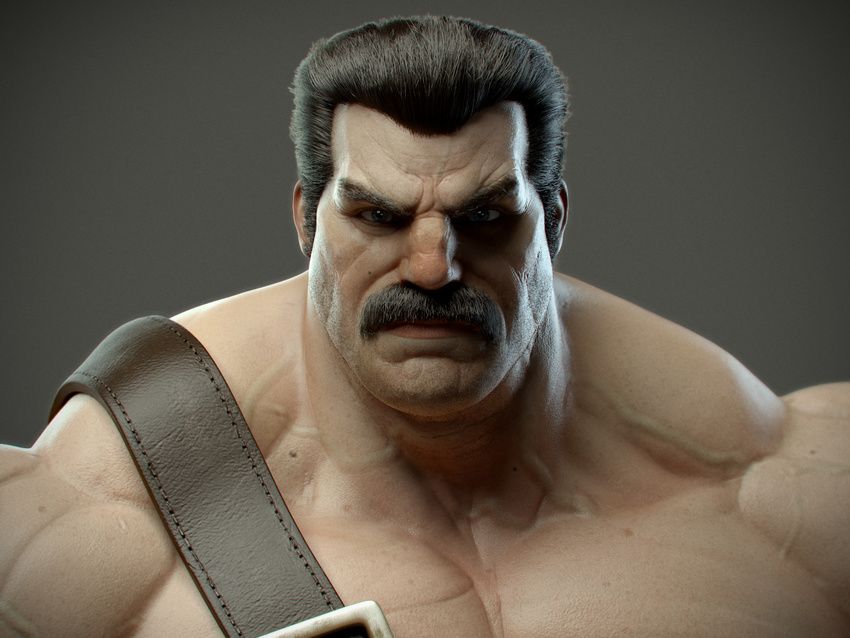 3d black_hair blue_eyes facial_hair final_fight highres looking_at_viewer manly md5_mismatch mike_haggar mole muscle mustache portrait realistic resized serious strap su_yeong_kim upscaled veins
