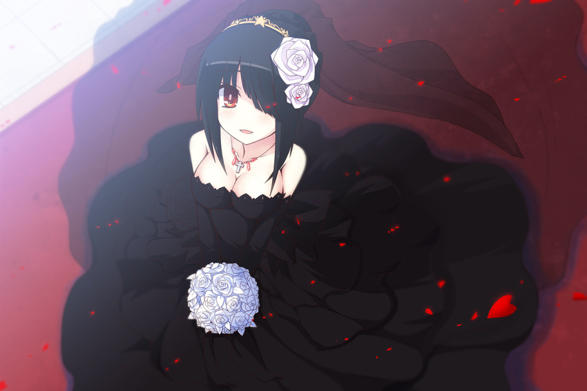 alternate_hairstyle bad_id bad_pixiv_id bare_shoulders black_hair bouquet breasts cleavage collarbone cross date_a_live dress elbow_gloves flower gloves hair_ornament highres looking_at_viewer medium_breasts open_mouth petals red_eyes rose see-through short_hair solo star tokisaki_kurumi uiu veil wedding_dress