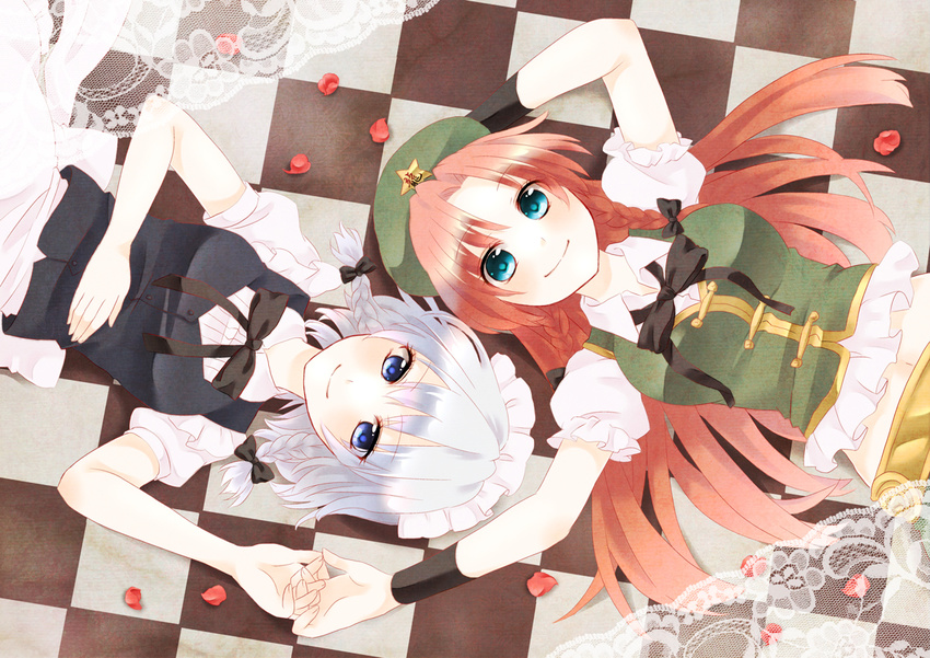 blue_eyes braid breasts checkered checkered_floor chitose_(usacan) dress green_eyes hat hong_meiling izayoi_sakuya lace maid_headdress medium_breasts multiple_girls on_floor petals red_hair silver_hair smile star touhou twin_braids