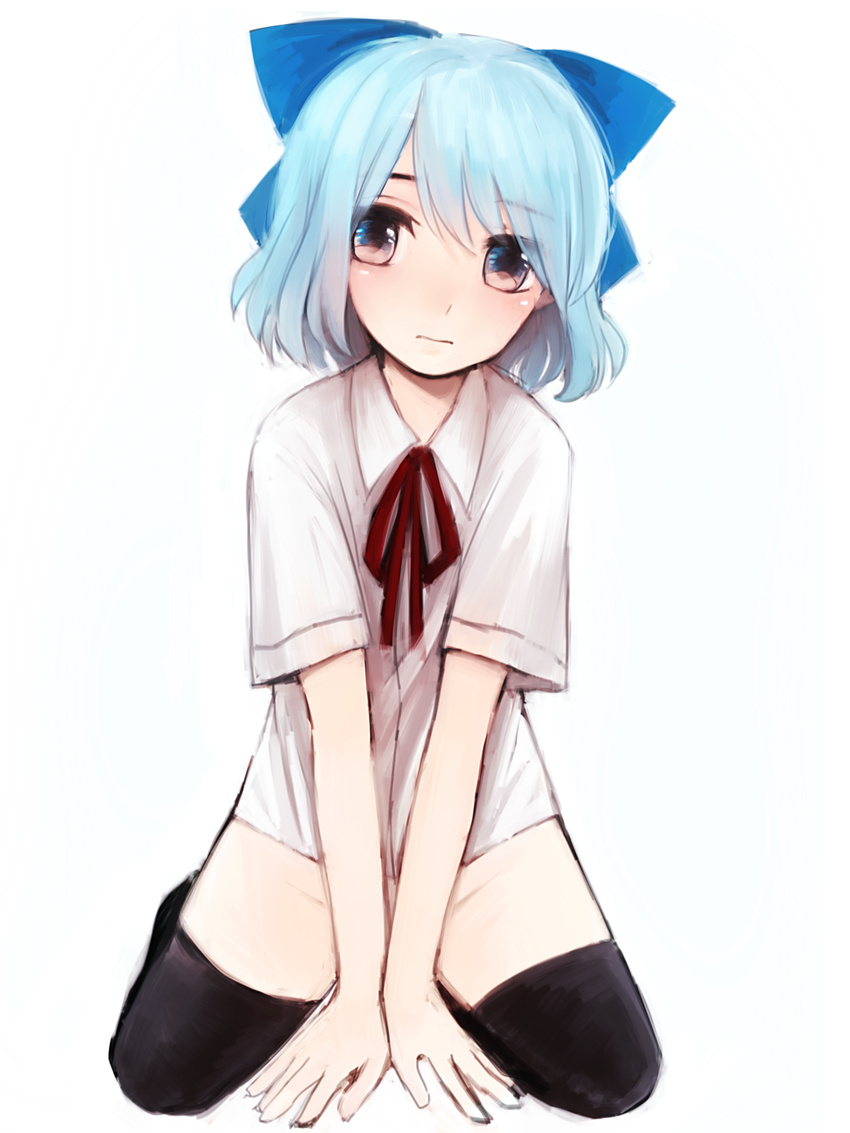 74_(teduka) black_legwear blue_hair bottomless censored cirno dress_shirt hair_ribbon highres kneeling looking_at_viewer naked_shirt no_wings pink_hair ribbon shirt short_sleeves solo thighhighs touhou v_arms