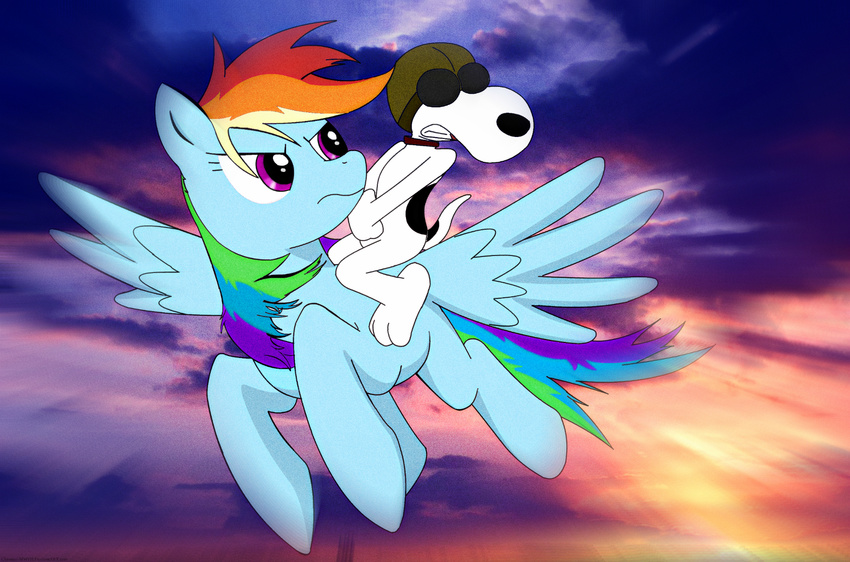 blue_fur canine chrome-mmvii_(artist) crossover dog duo equine female feral flying friendship_is_magic fur hair horse mammal multi-colored_hair my_little_pony peanuts pegasus pony purple_eyes rainbow_dash_(mlp) rainbow_hair red_baron riding snoopy wings