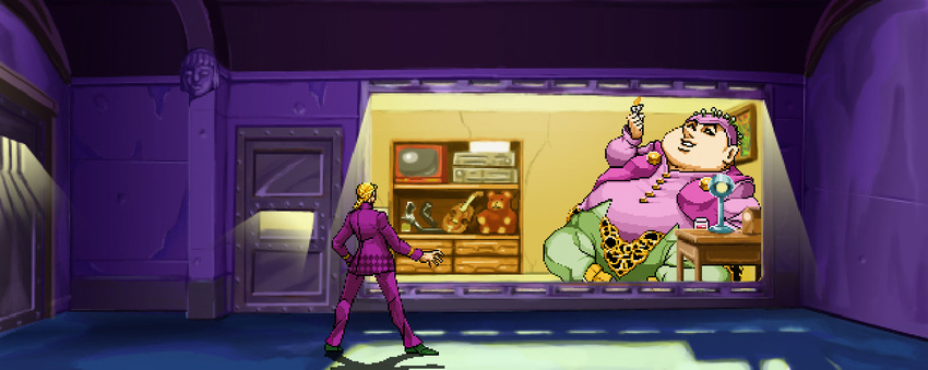 blonde_hair candle fake_screenshot fat fat_man giant giorno_giovanna hat hiraemon jojo_no_kimyou_na_bouken multiple_boys pixel_art polpo vento_aureo