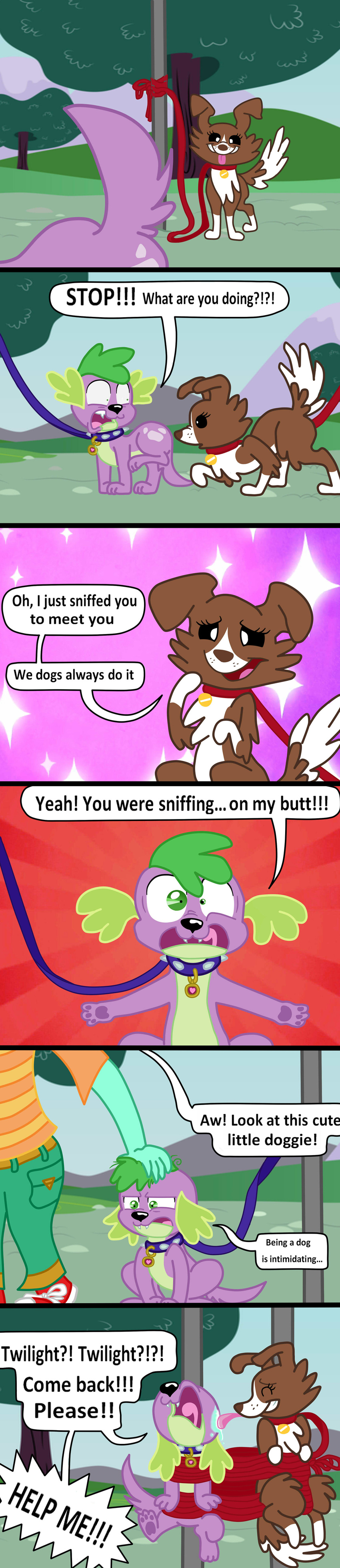 angry brown_fur canine collar comic dialog dog english_text equestria_girls female flirting friendship_is_magic fur group human leash licking male mammal mlpegasis4898 my_little_pony outside purple_fur sniffing spike_(eg) spike_(mlp) text tongue winona_(mlp)