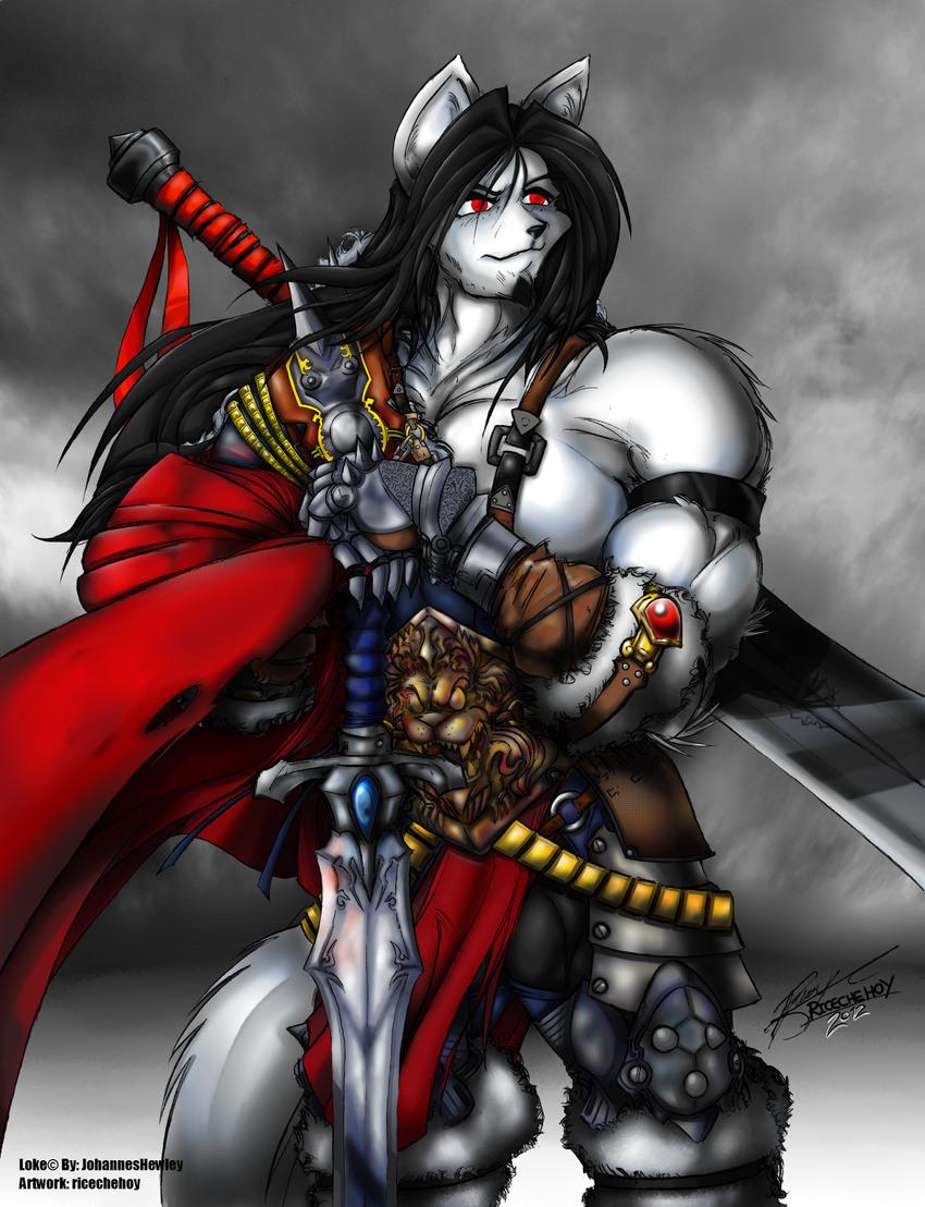 armor barbarian black_hair canine hair male mammal muscles red_eyes ricechehoy smile solo sword warrior weapon wolf