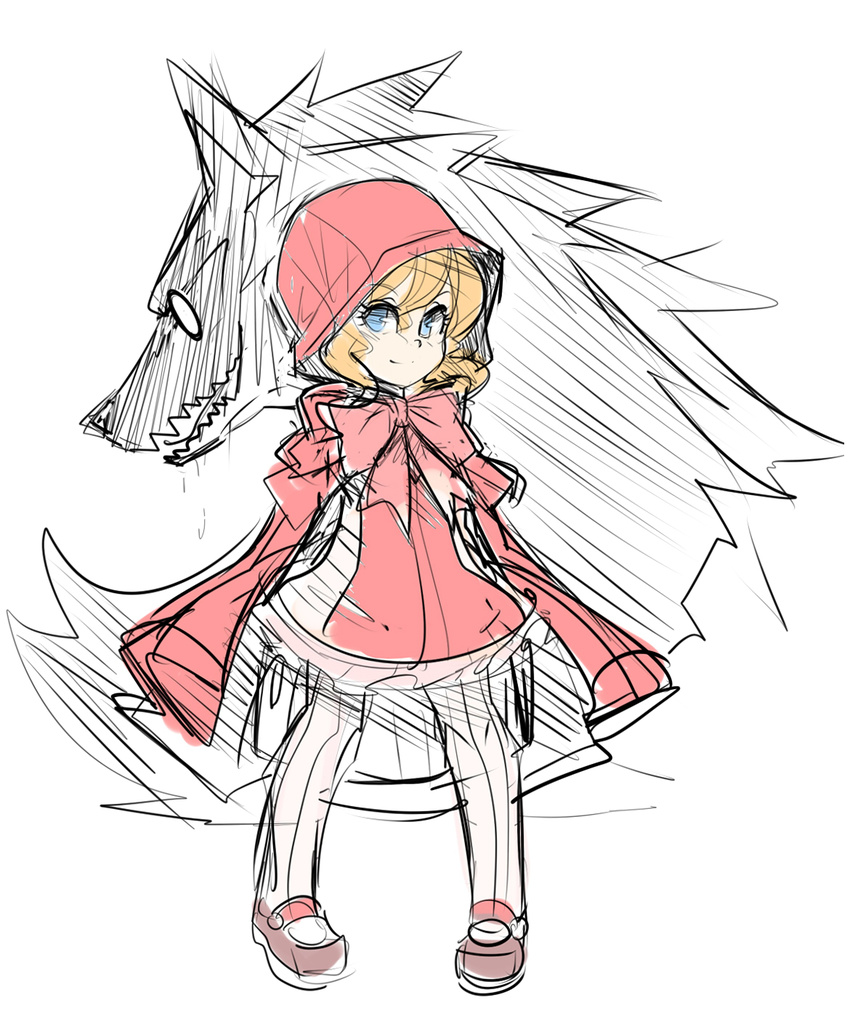 big_bad_wolf_(grimm) blonde_hair blue_eyes bow cape dress grimm's_fairy_tales highres hood little_red_riding_hood little_red_riding_hood_(grimm) long_hair maniacpaint mary_janes pantyhose pigeon-toed shoes sketch smile solo_focus wolf