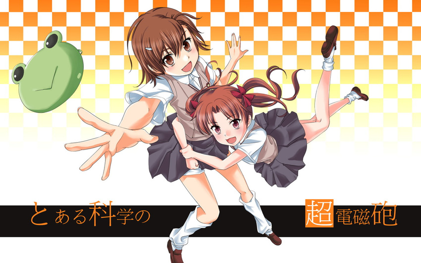 brown_eyes brown_hair crazypen hug long_hair misaka_mikoto multiple_girls school_uniform shirai_kuroko short_hair to_aru_kagaku_no_railgun to_aru_majutsu_no_index twintails