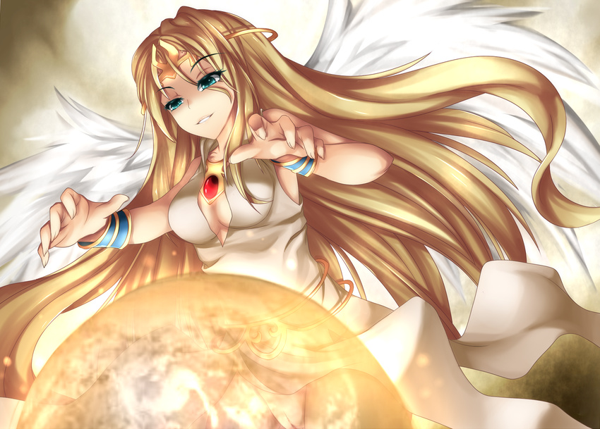 angel_wings aqua_eyes blonde_hair blue_eyes cleavage_cutout commentary_request crystal_ball cyan_bracelet feathered_wings fi-san gem_on_head goddess highres ilias impossible_clothes jewelry long_hair mon-musu_quest! no_panties pussy solo spoilers tiara uncensored underwear very_long_hair white_wings wings