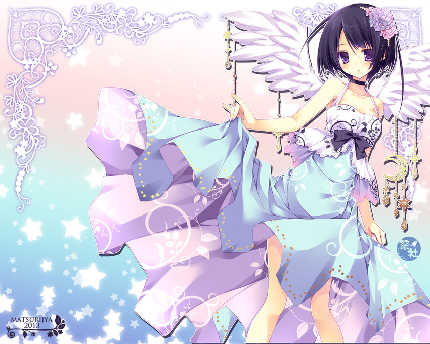 bad_id bad_pixiv_id blue_hair dress flower hair_flower hair_ornament nanaroba_hana original purple_eyes short_hair solo wings