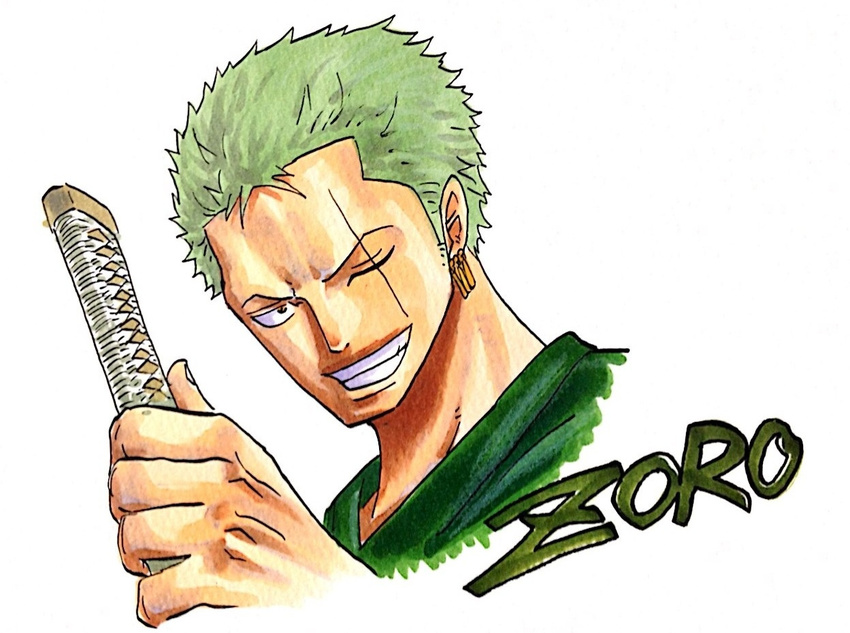 1boy character_name green_hair male male_focus marker_(medium) one-eyed one_piece roronoa_zoro smile solo sword takatin traditional_media weapon
