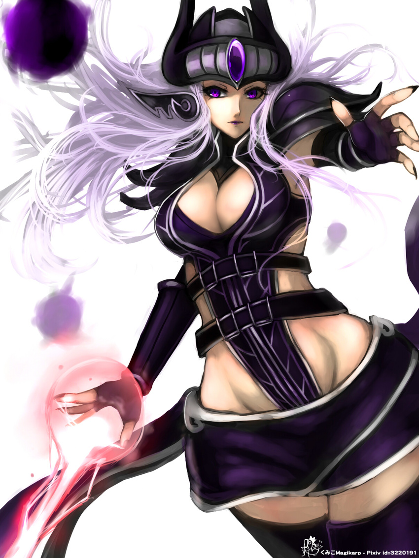 armor black_gloves breasts cleavage cleavage_cutout ear_protection energy_ball eyelashes fingerless_gloves forehead_jewel forehead_protector gloves groin helmet highres kumiko_shiba large_breasts league_of_legends lipstick long_hair magic makeup microskirt orb pauldrons purple_eyes purple_legwear purple_lipstick silver_hair skirt solo syndra thighhighs very_long_hair