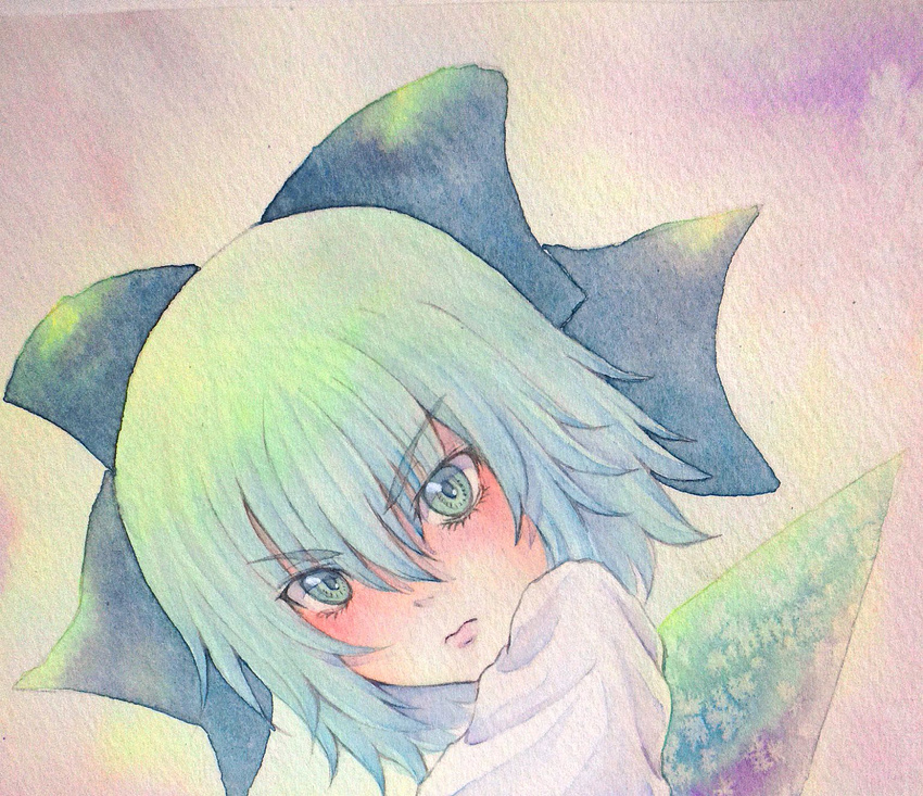 blue_eyes blue_hair bow cirno hair_bow highres pout solo touhou traditional_media watercolor_(medium) wings yuyu_(00365676)