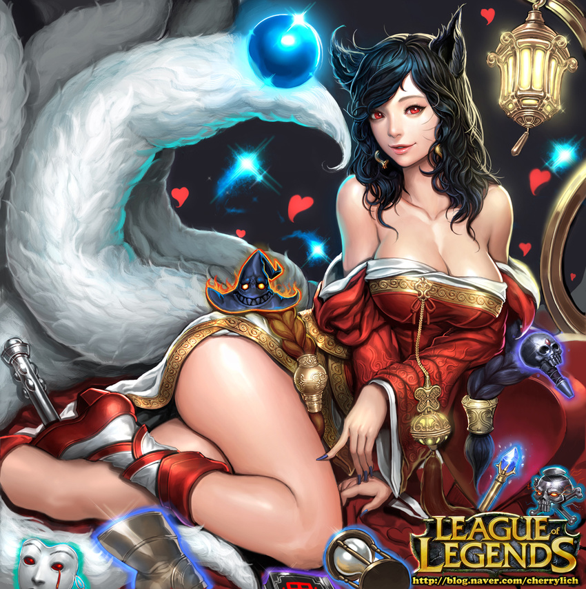 ahri animal_ears black_hair boots breasts cherrylich cleavage detached_sleeves dress fingernails fox_ears fox_tail gem glowing gold hat heart jewelry lantern large_breasts league_of_legends legs long_hair low_neckline multiple_tails orb red_dress red_eyes red_lips sitting skull smile solo strapless strapless_dress tail thighs wavy_hair witch_hat