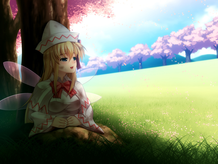 blonde_hair blue_eyes cherry_blossoms fairy_wings hat ketsushi lily_white solo touhou tree_shade wings