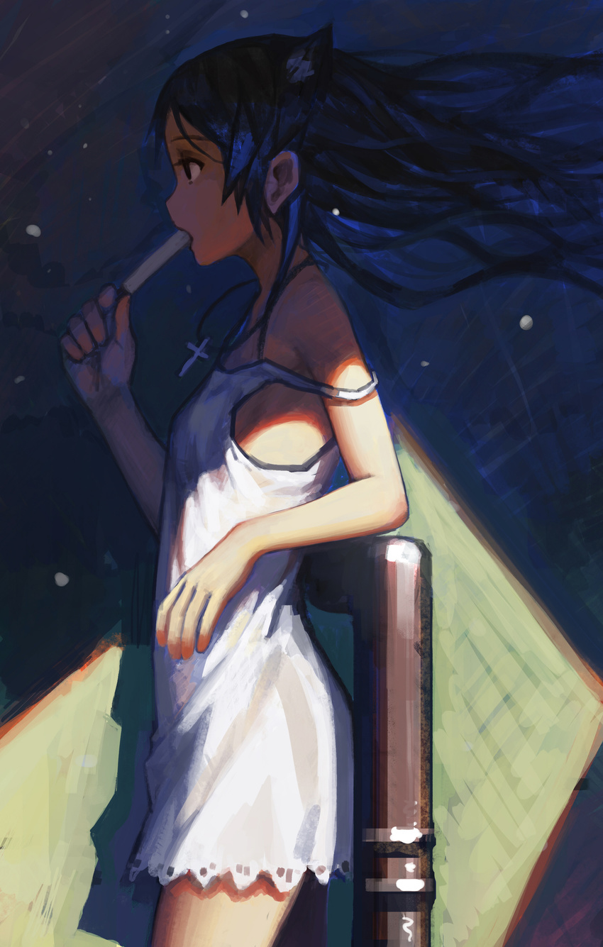 absurdres animal_ears arm_support bad_id bad_pixiv_id bare_shoulders black_hair cross cross_necklace dress flat_chest floating_hair food food_in_mouth from_side highres jewelry long_hair looking_away lu_ying necklace off_shoulder original popsicle profile shade solo strap_slip sundress